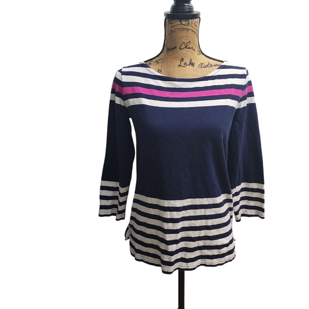 J. Crew Striped Top 3/4 Sleeve Boat Neck Pink Accent Casual Tee Shirt Medium